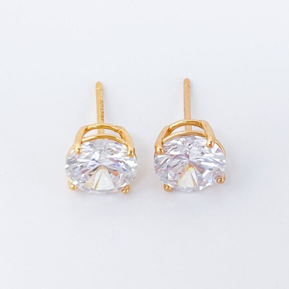 Vintage Sterling Silver 925 Gold-Tone 8mm Cubic Zirconia Stud Earrings - Picture 3 of 6